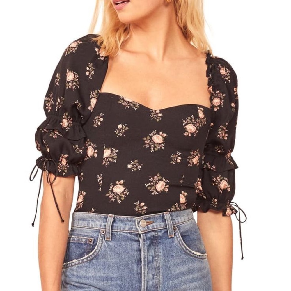 Reformation Black Floral Puff Sleeve Top